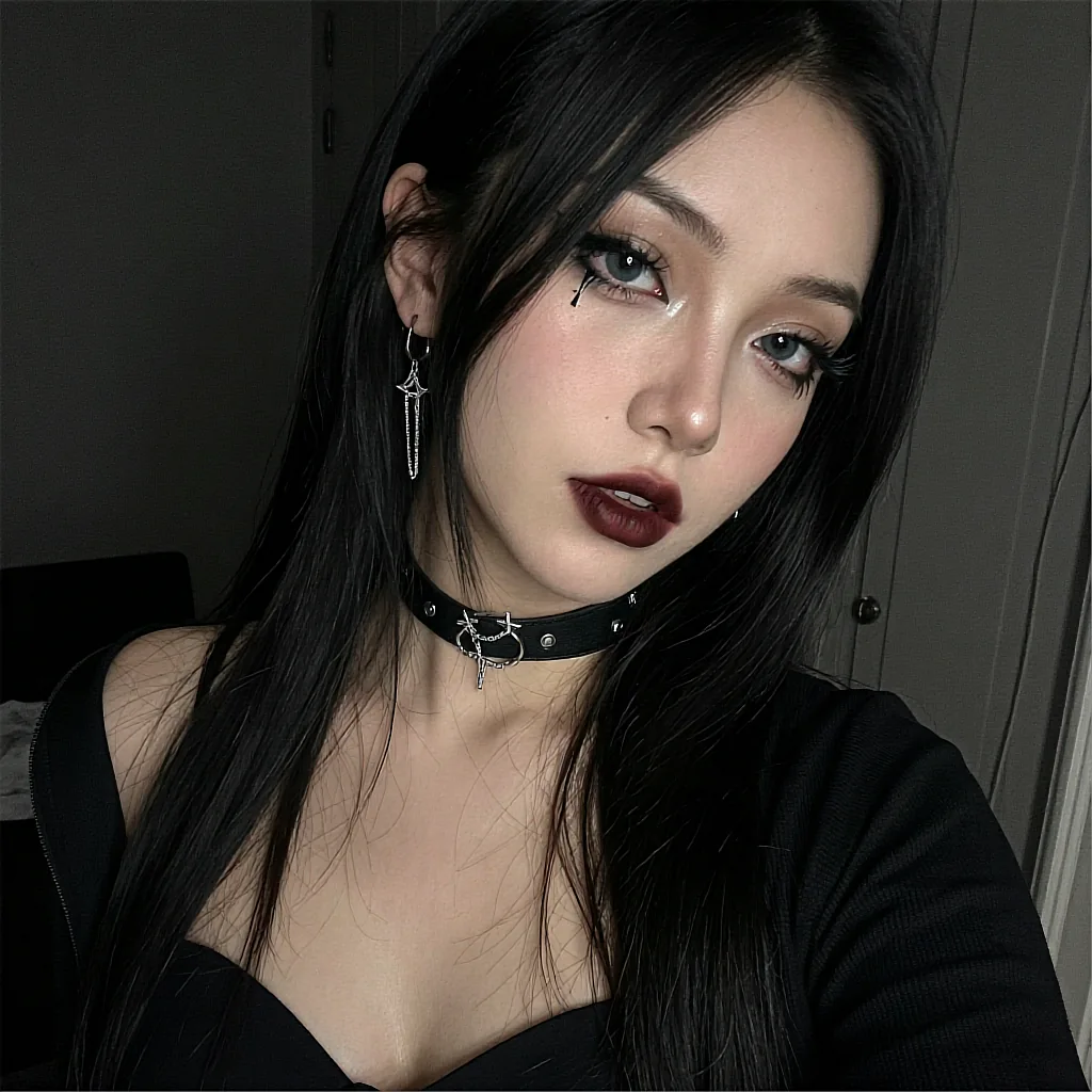 Fictional AI character with black hair and a cross choker, available on the cast sheet