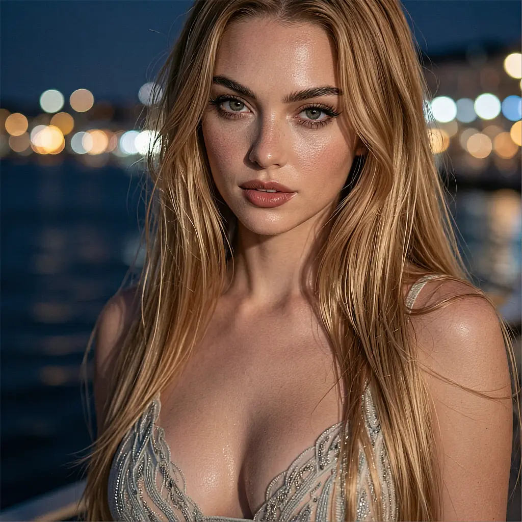 Fictional AI character with long honey-blonde hair at a waterfront, available on the cast sheet