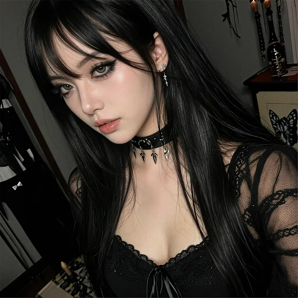 Fictional AI character with a fringe and a spiked choker, available on the cast sheet